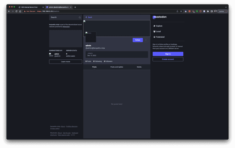A screenshot of a blank Mastodon interface. The URL in the browser bar is https://192.168.0.20/@admin. Many page elements are failing to load
