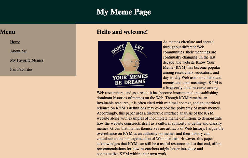 a screenshot of a website with the title 'My Meme Page'
