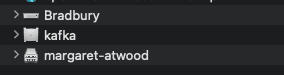 A screenshot of the macOS Finder showing 3 items: Bradbury, kafka, and margaret-atwood. Each of the three has the icon of a different Mac computer