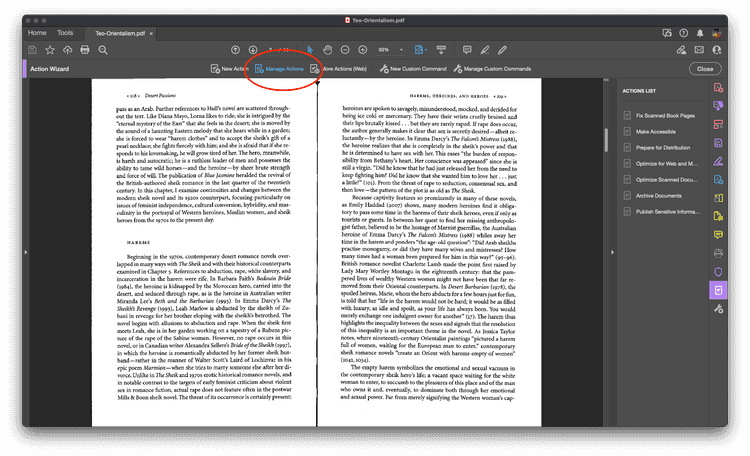 A screenshot of a PDF file that has been opened in Adobe Acrobat DC. The Action Wizard is open and the Manage Actions option is circled
