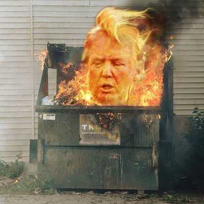A photograph of a large dumpster with flames coming out of it. The flames have been edited to appear as the face of President Donald Trump