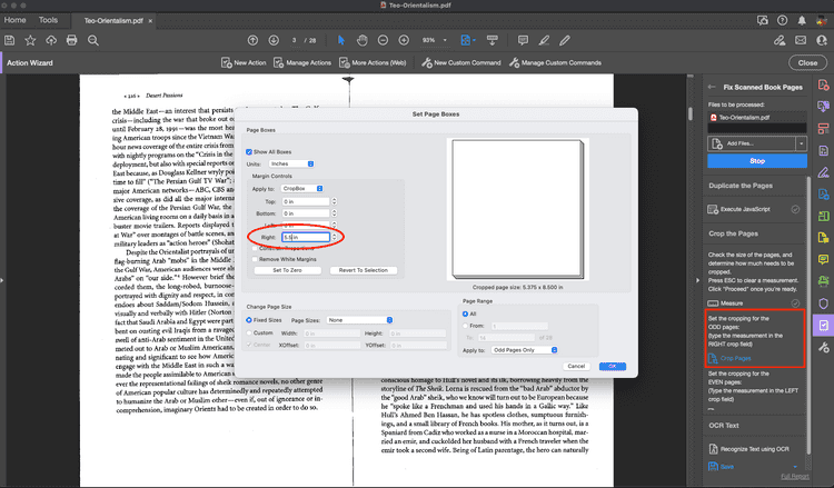 A screenshot of a PDF file that has been opened in Adobe Acrobat DC. There are two pages scanned from a book with lots of text. The crop pages panel is open.
