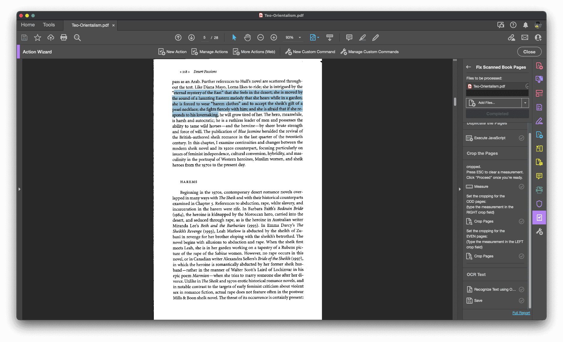 A screenshot of the Adobe Acrobat interface. It is in dark mode, so the windows are a dark grey and there is a single page of text in the center