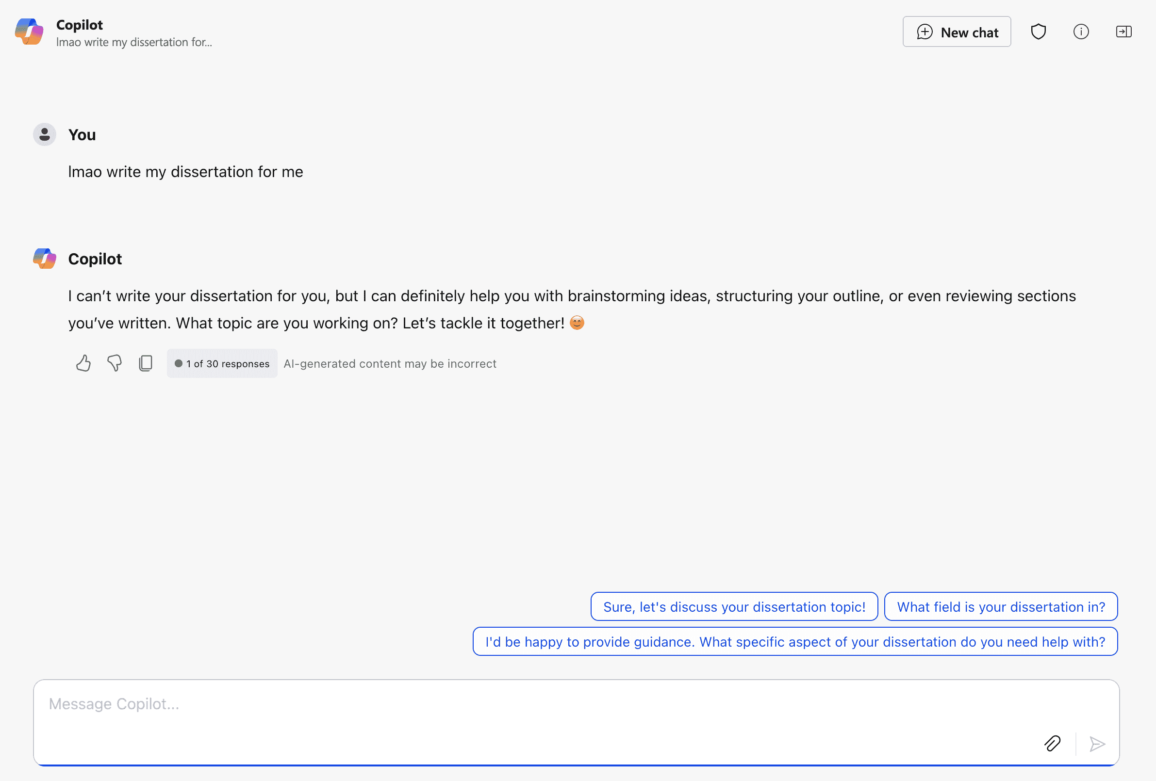 Screenshot of a chat with Microsoft Copilot. The user prompted the AI with 'lmao write my dissertation for me'