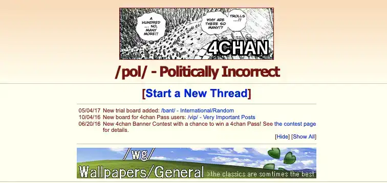 A screenshot of the 4chan politically incorrect imageboard.