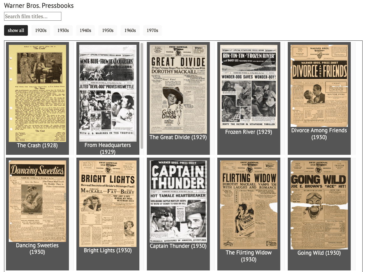 A screenshot of a website displaying two rows of images. Each image is the cover of a Warner Bros pressbook.