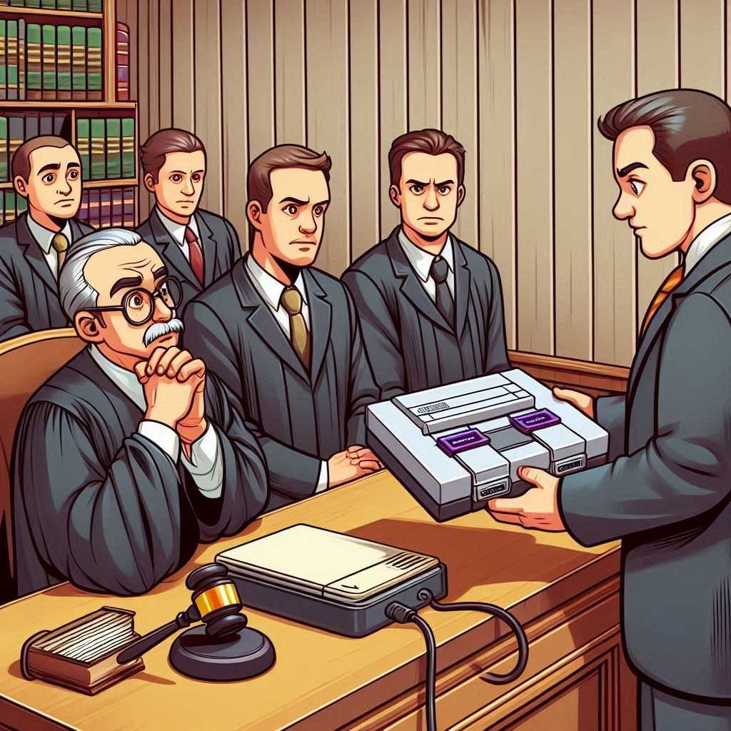 AI generated cartoon image of a courtroom trial. A lawyer holds a Super Nintendo Entertainment System in front of a judge, who looks on with curiosity.