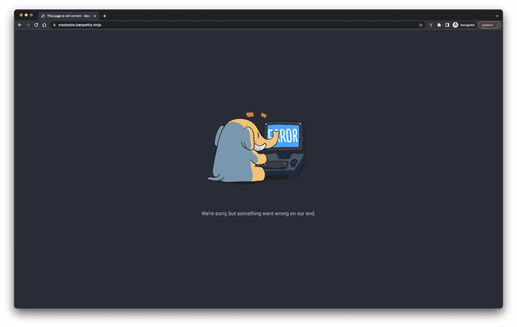 A screenshot of a Mastodon error page. It shows a cartoon image of an elephant at a computer wit hthe word "error" on the screen