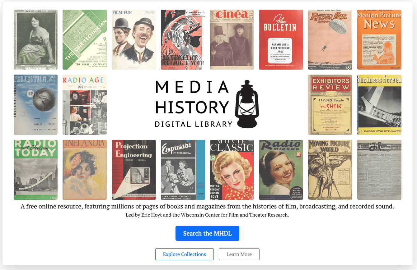 A screenshot of the homepage of the MHDL website. There MHDL logo is in the center of a grid of several colorful magazine covers.