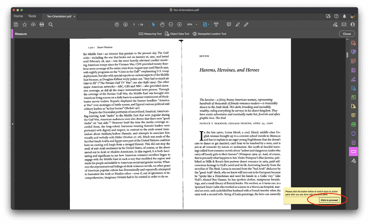 A screenshot of a PDF file that has been opened in Adobe Acrobat DC. There are two pages scanned from a book with lots of text. The Measure tool is active.