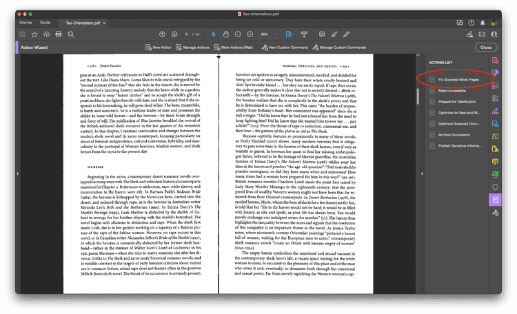A screenshot of a PDF file that has been opened in Adobe Acrobat DC. There are two pages scanned from a book with lots of text. The Actions Wizard is open and the first item in the Actions List is circled
