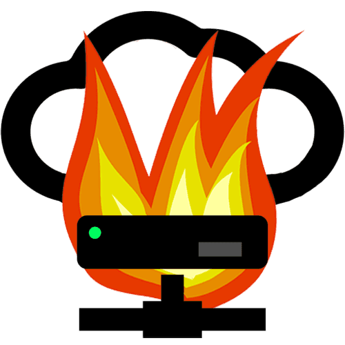 A cartoon image of a server icon with a flame and cloud in the background