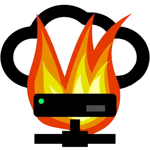 A cartoon image of a server icon with a flame and cloud in the background