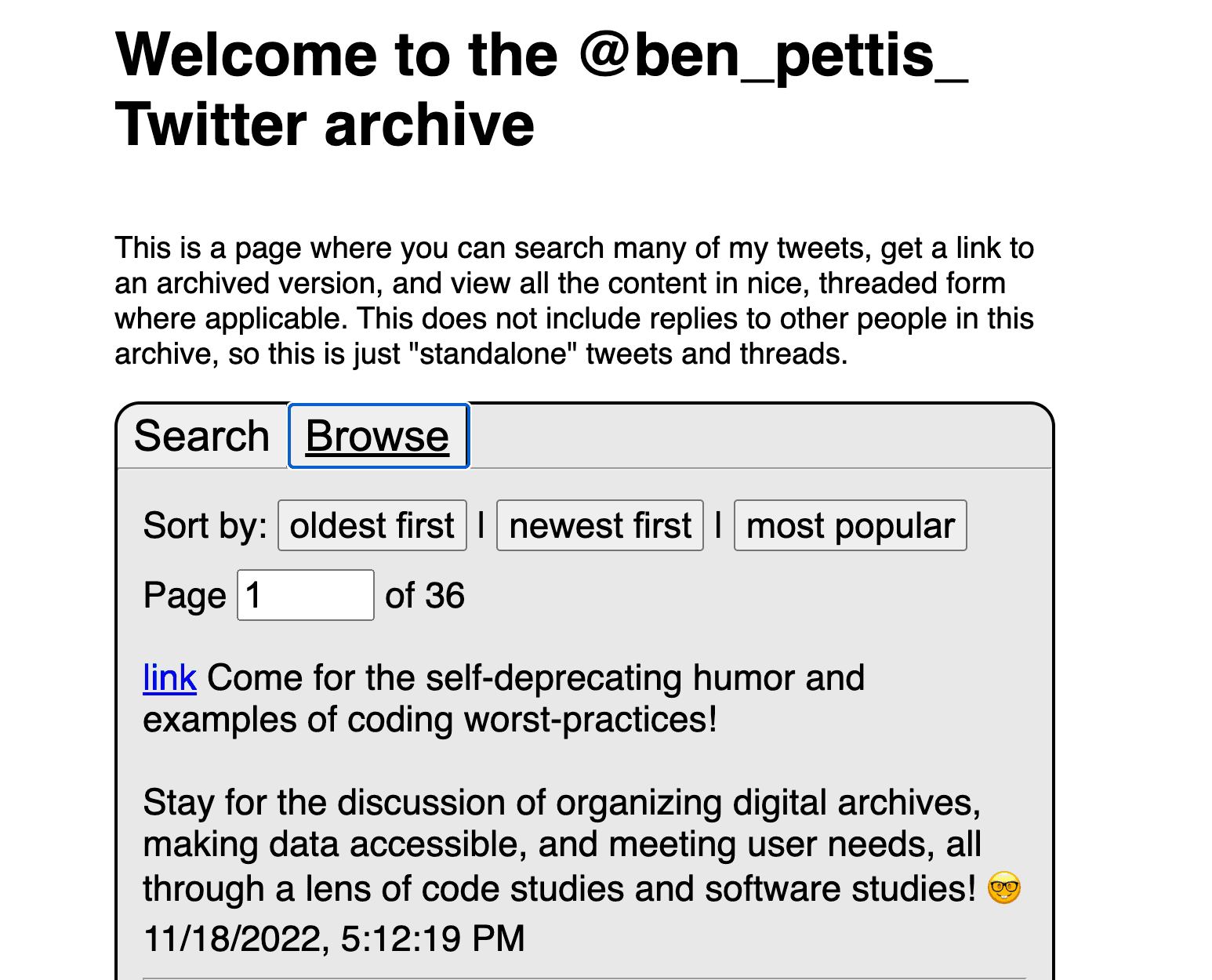 Screenshot of the twitter-archive.benpettis.com website. It is a simple page, with black text on a white background and the title 'Welcome to the @ben_pettis_ Twitter archive'