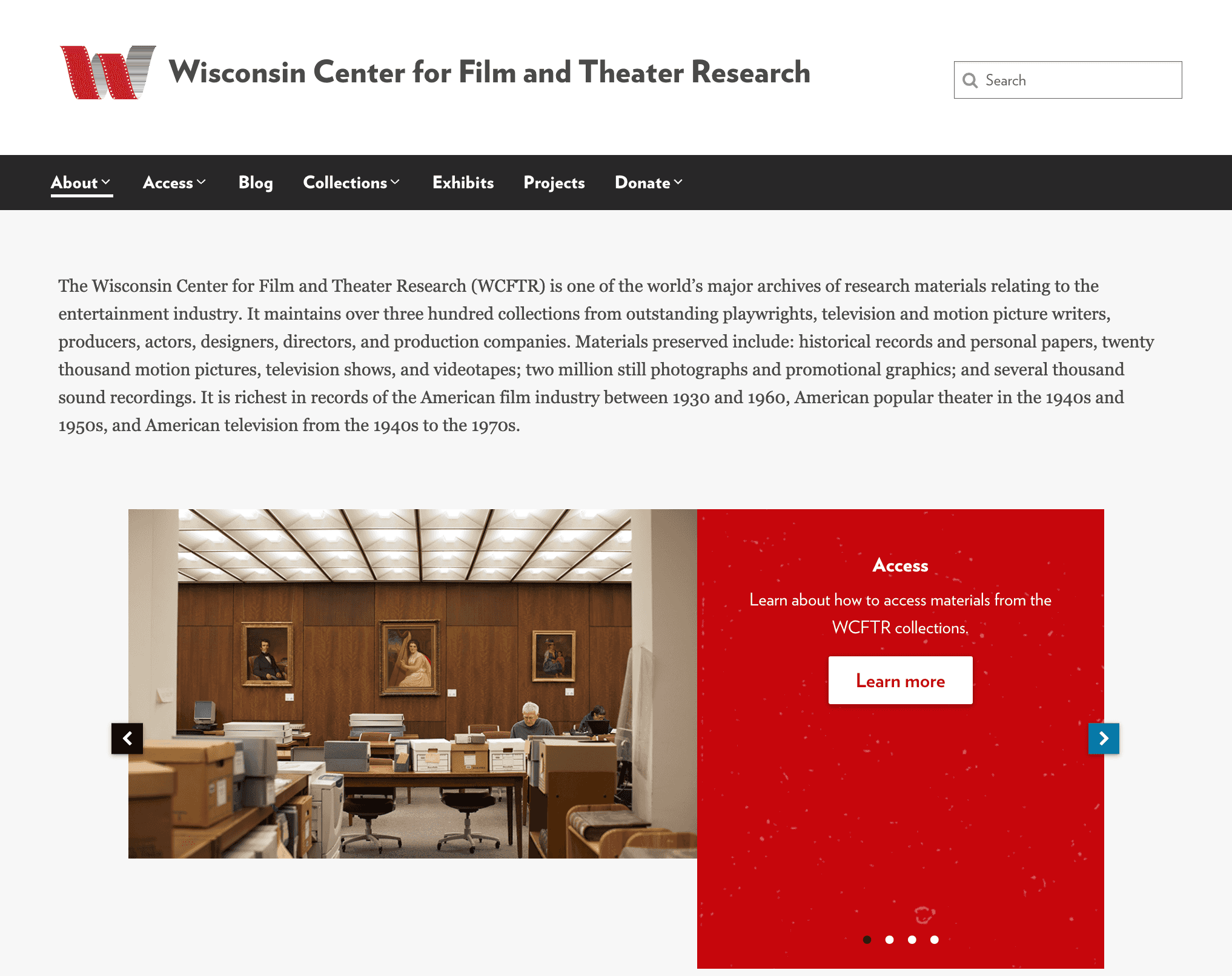 A screenshot of the homepage of the WCFTR website. There is a black horizontal menu bar, a paragraph of text, and a red box with a photograph of a reading room.