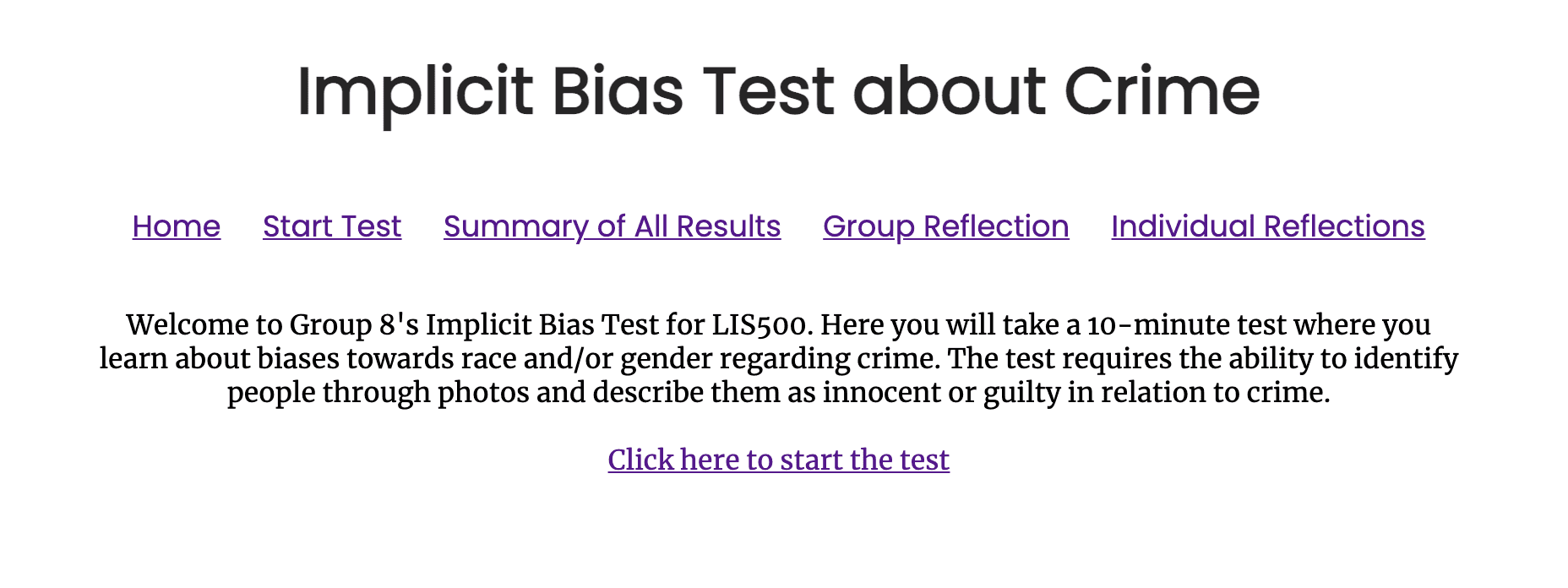 A screenshot of a website. It has a white background and a large header which says 'Implicit Bias Test About Crime'