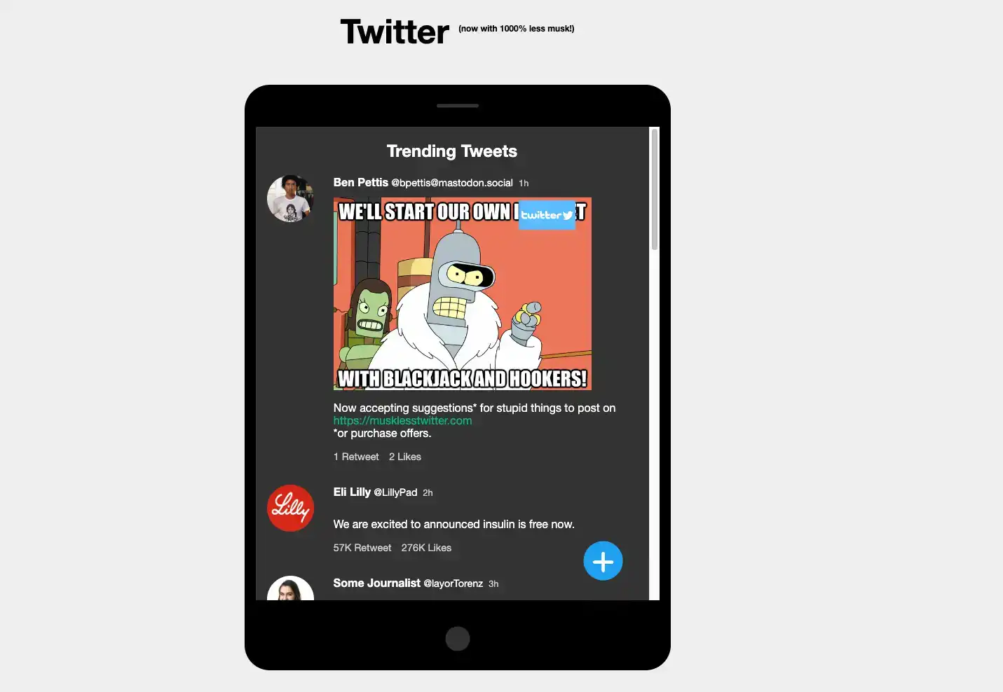 A screenshot of the musklesstwitter.com website. There is a simplified graphic of a smartphone at the center and the heading 'Twitter now with 1000% less Musk!' Beneath this there is a fake social media newsfeed