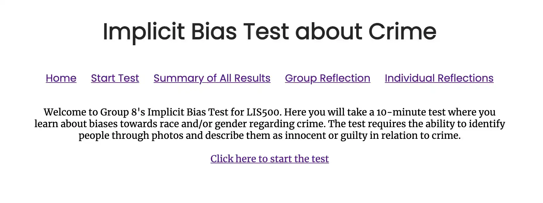 A screenshot of a website. It has a white background and a large header which says 'Implicit Bias Test About Crime'