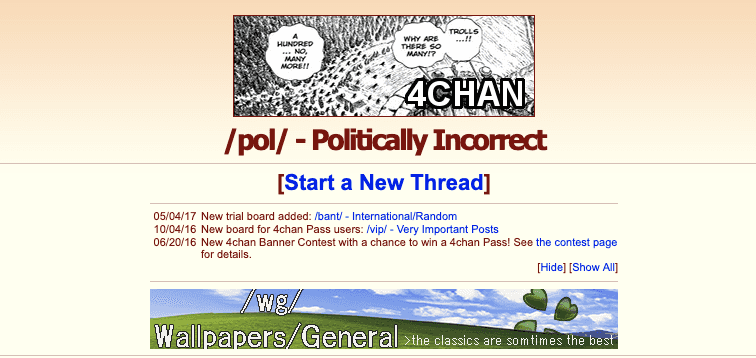 A screenshot of the 4chan /pol/ politically incorrect imageboard.