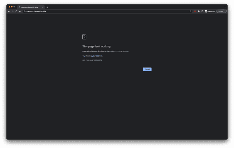 A screenshot of a web browser trying to load mastodon.benpettis.ninja. It displays an error message "This page isn't working" and "ERR_TOO_MANY_REDIRECTS"