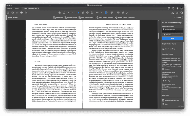 A screenshot of a PDF file that has been opened in Adobe Acrobat DC. There are two pages scanned from a book with lots of text. The Action Wizard is open and there is a blue Start button