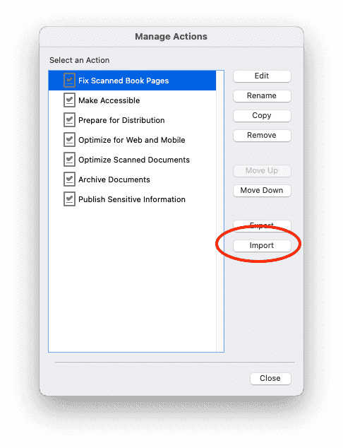 A screenshot the Adobe Acrobat Manage Actions panel