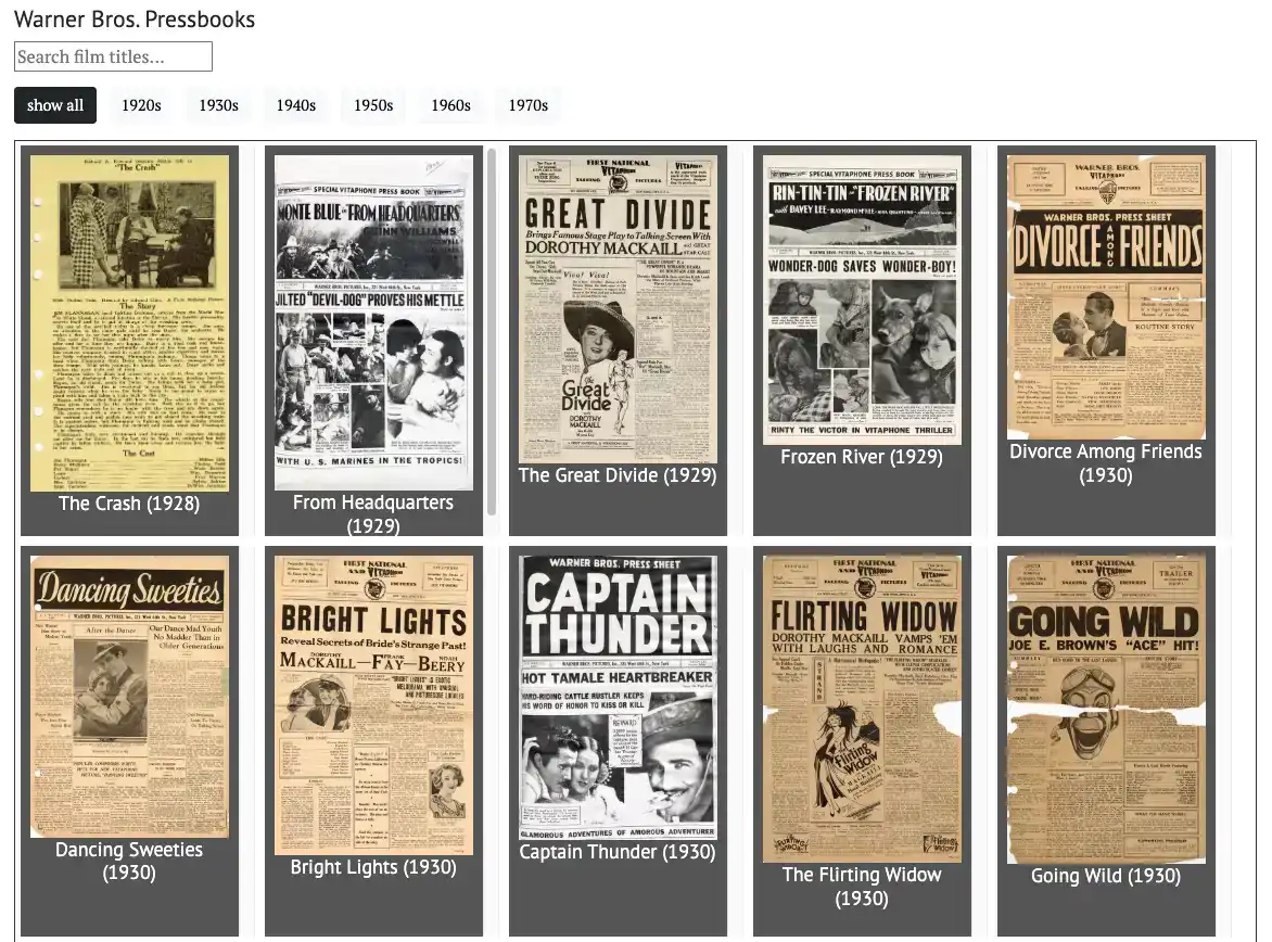 A screenshot of a website displaying two rows of images. Each image is the cover of a Warner Bros pressbook.