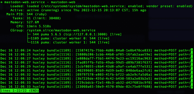 A screenshot of green text on a black background in a terminal session. It is displaying current status of the 'mastodon-web.service' systdemd service