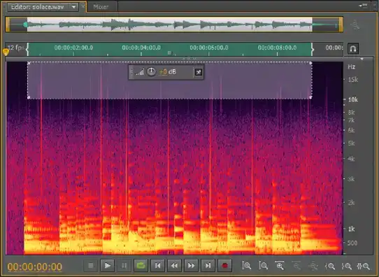 Screenshot of the "spectral frequency graph" in Adobe Audition. A grey window contains a box with several bands of yellow, red, and purple representing the pitch and volume of audio in a selection of a file.